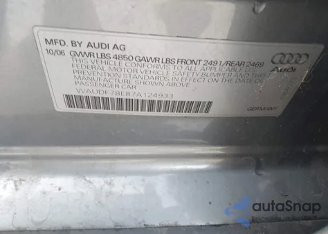 2007 Audi A4 2.0T z USA, uszkodzony, nr VIN WAUDF78E87A124933